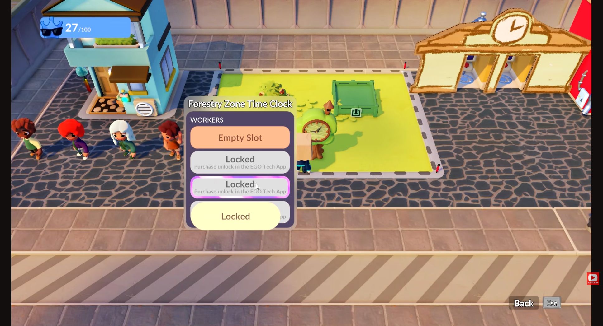Forestry Zone Time ClockのWORKERS画面で空き枠とロック中の枠を確認しているGo-Go Town!のゲーム画面