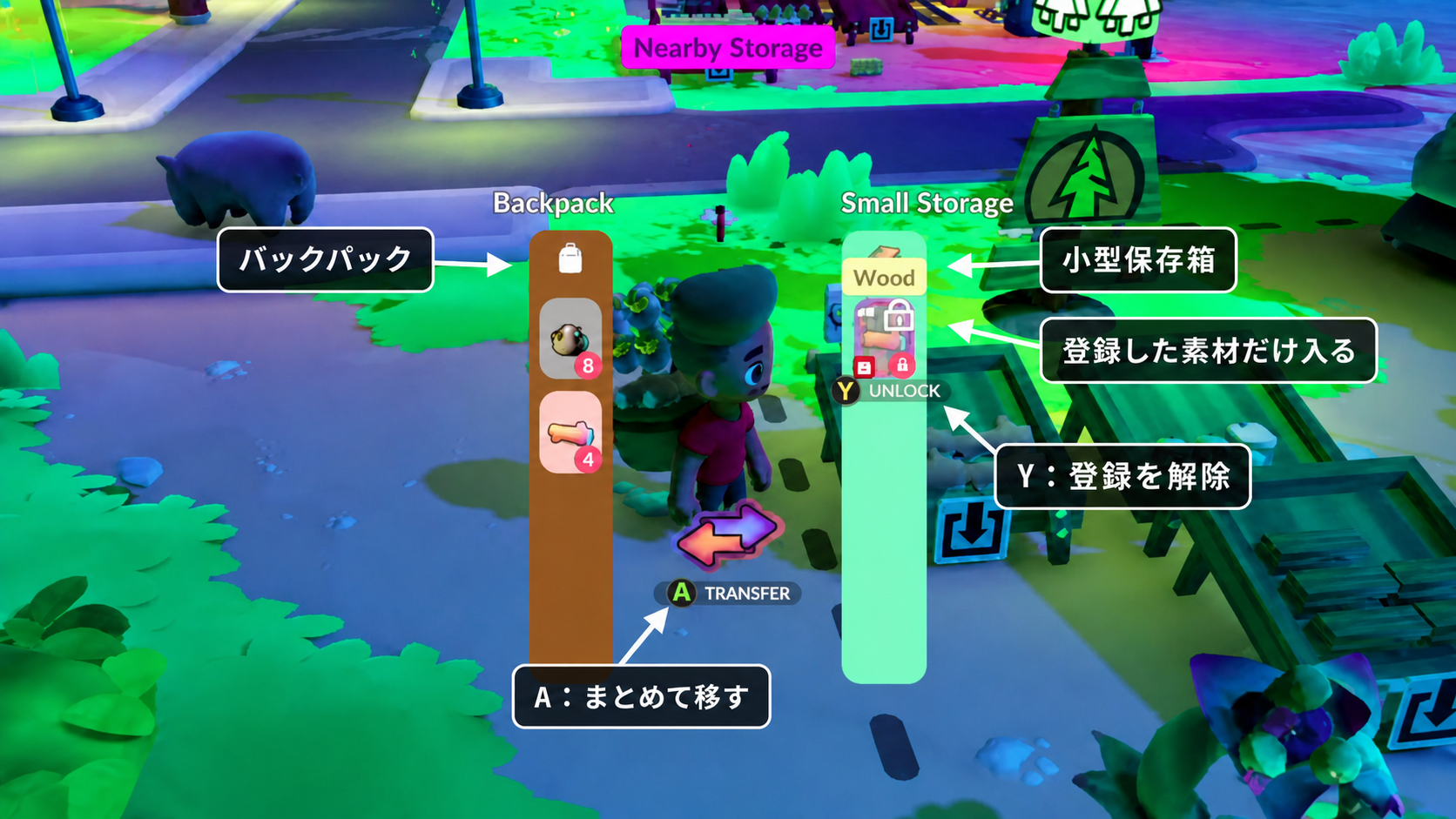 Go-Go Town!の小型保存箱で木材を登録し、Yで解除、Aでまとめて移す操作を示す日本語注釈画像